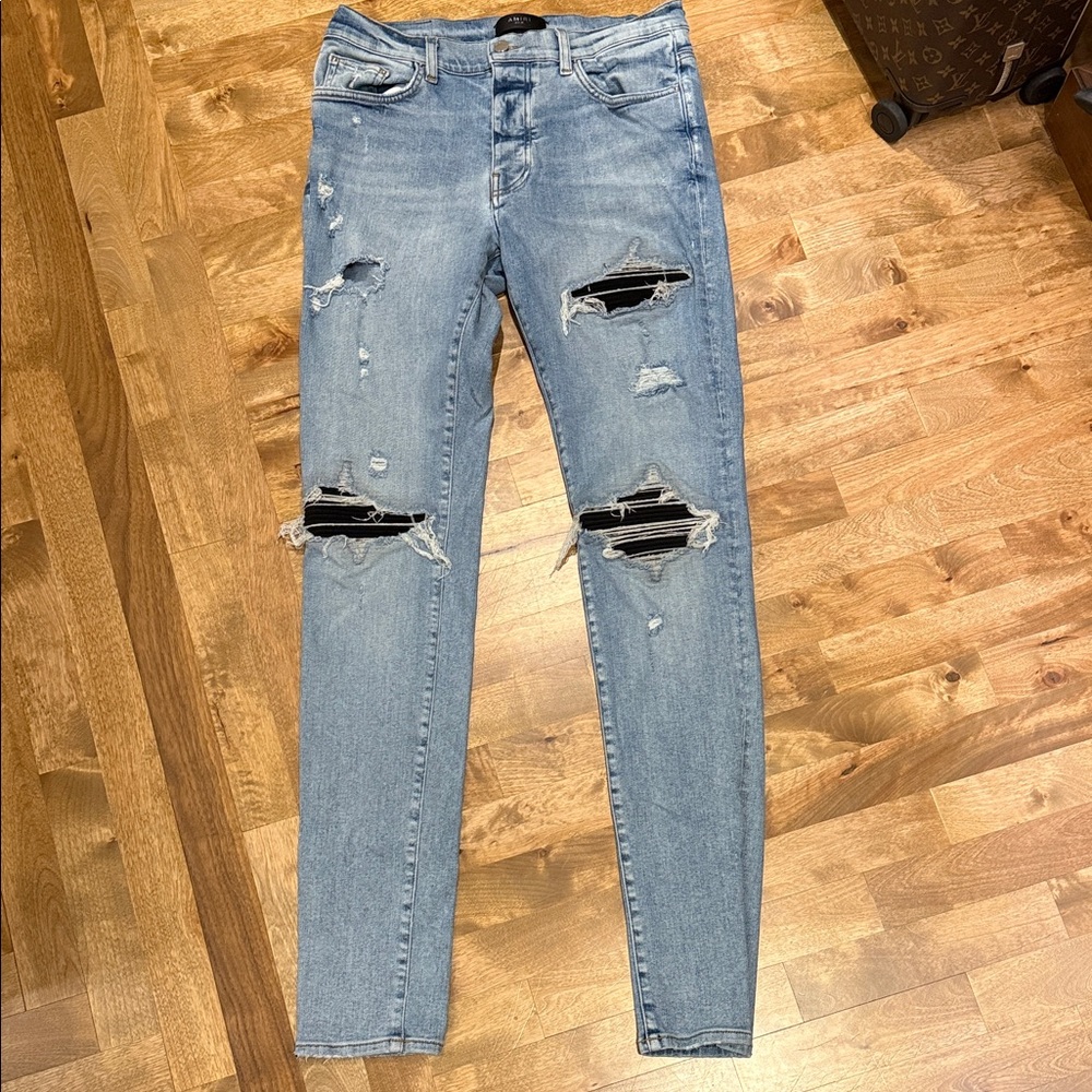 AMIRI Light Blue Distressed Skinny Jeans